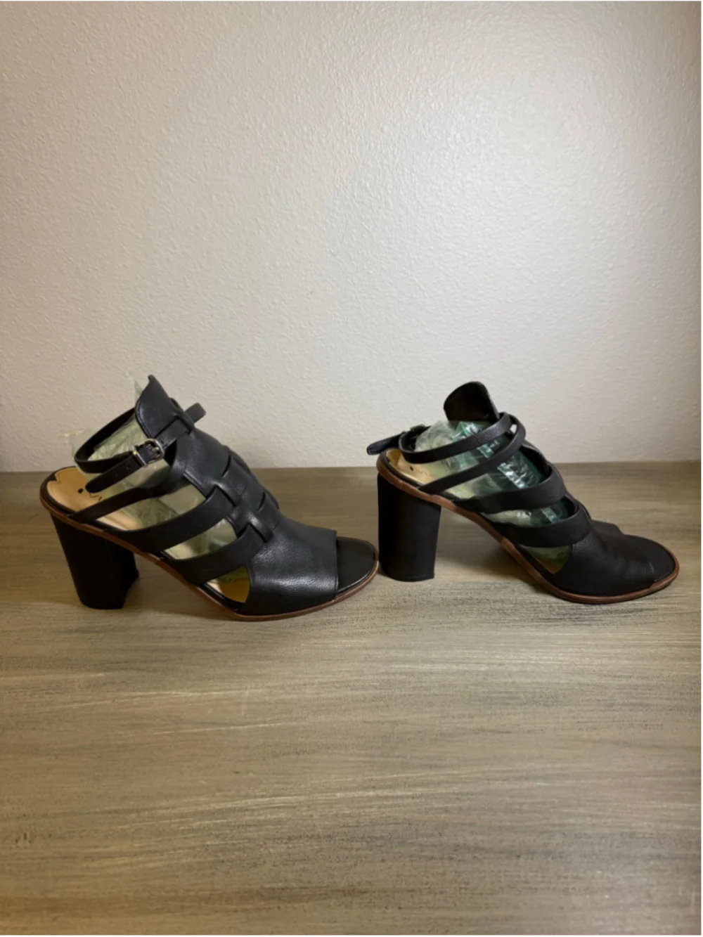 Via Spiga Brandina Black Leather Strappy Block Heel Cage Sandals Size 9M